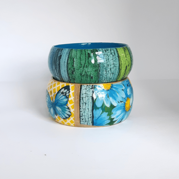 Turquoise wooden bracelet with a butterfly . A set of two wide bracelets  (5).jpg