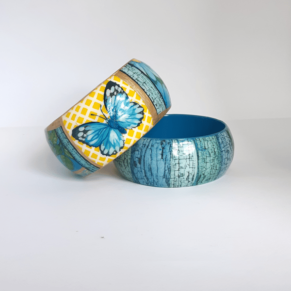 Turquoise wooden bracelet with a butterfly . A set of two wide bracelets  (2).jpg