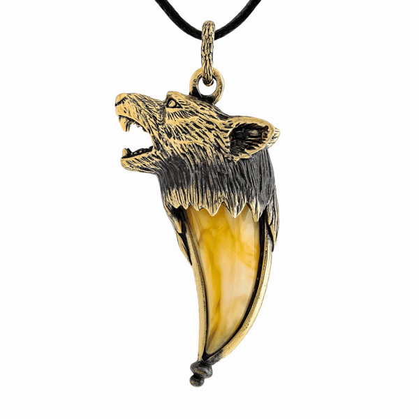 Men's pendant brutal cool Wolf fang pendant Big Amulet necklace gold brass Wolf Animal necklace Baltic Amber White yellow Unique jewelry handmade gift Men boyfr