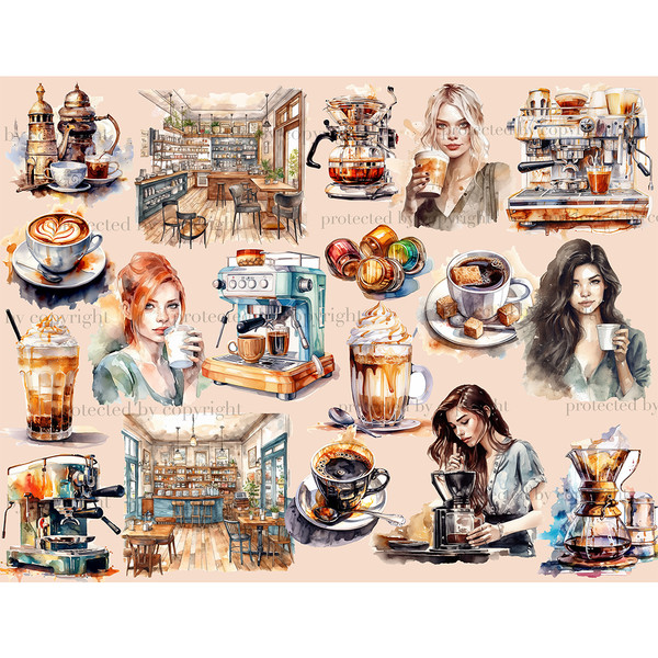 Watercolor coffee lovers girls with cups of coffee - blonde, brunette, redhead, coffee shop and coffee house interior, coffee machines, latte art in a cup, coff