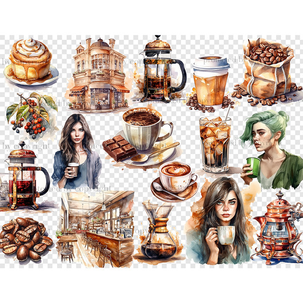 Watercolor girls coffee lovers with cups of coffee - brunette, with brown hair, with green hair, coffee house outdoor landscape, french press coffee, coffee in