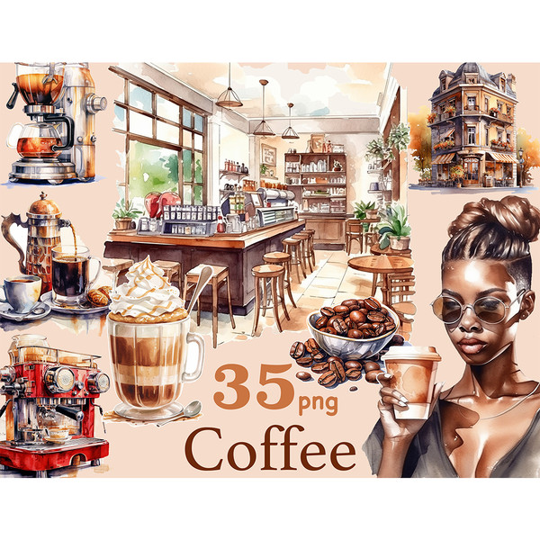 Watercolor black girl with brown hair coffee lover with a cup of coffee and in sunglasses, coffee shop interior, coffee house outdoor landscape, latte with whip