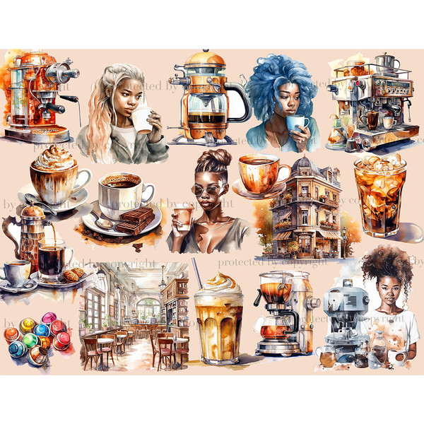 Watercolor black girls coffee lovers with cups of coffee - blonde, with blue hair and, with brown hair, coffee house interior scene, coffee house outdoor landsc