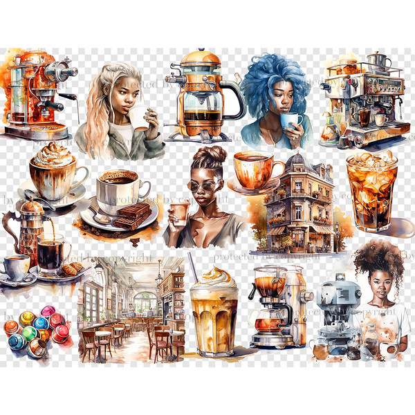 Watercolor black girls coffee lovers with cups of coffee - blonde, with blue hair and, with brown hair, coffee house interior scene, coffee house outdoor landsc