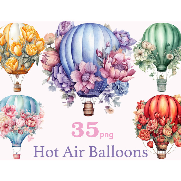 Pastel watercolor illustration of floral hot air balloons with flowers. Festive hot air balloons in orange, blue, blue, green and red for baby girl nursery scra