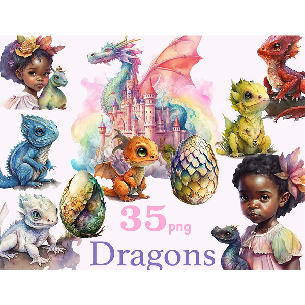 Pastel watercolor illustrations of cute multi-colored mythical fantasy magical Baby Dragons, scaly dragon eggs and black little girls on a castle in the air bac