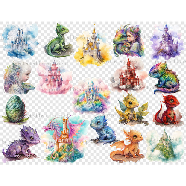 Pastel watercolor illustrations of cute multicolored mythical fantasy magical Baby Dragons, yellow green scaly dragon egg and little black girls, castles in the