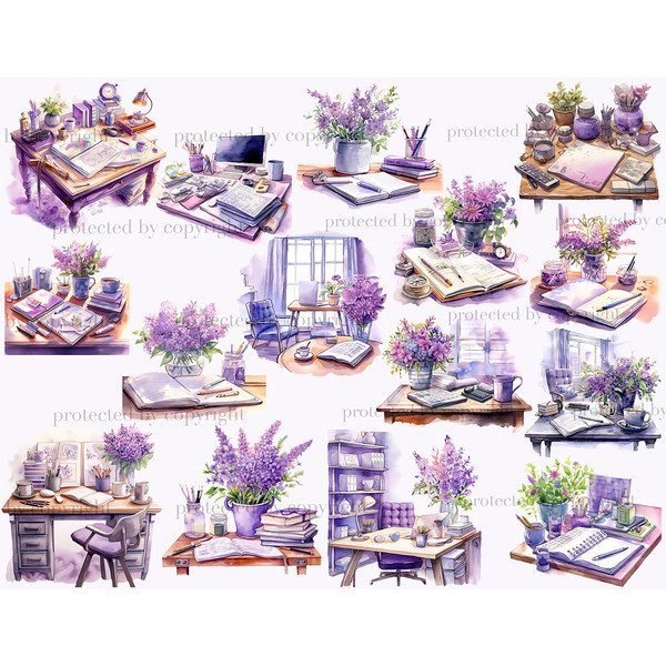 Watercolor purple lilac workplace planner of a girl with purple flowers, table, chair, computer, scenes of purple interiors of rooms with workplaces, purple flo