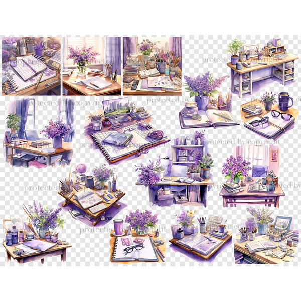 Watercolor purple lilac workplace planner girl with purple flowers on a sunny day, desks with stationery for crafting planners. On the tables are open planners