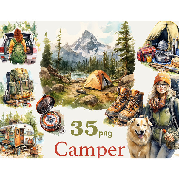Watercolor illustration of a camper girl with a dog, a tent is pitched in the forest against the backdrop of mountains, a girl goes to an open car, a camping ba