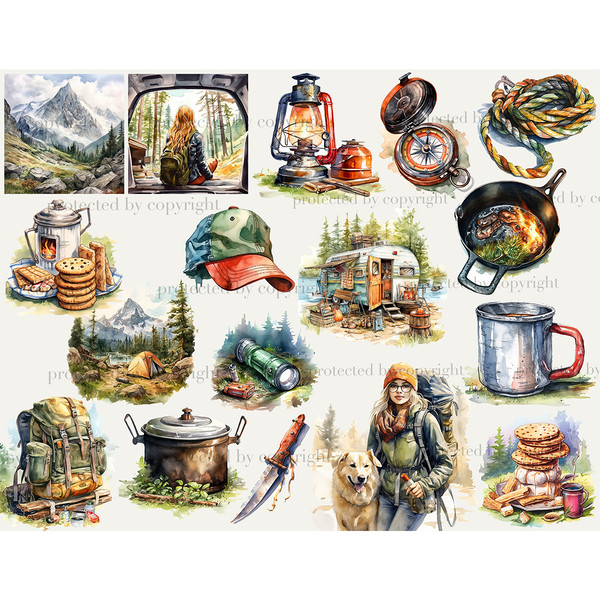 Watercolor illustrations of camper girls, tents are pitched in the forest against the backdrop of mountains, a camping trailer, a girl is sitting in the trunk o