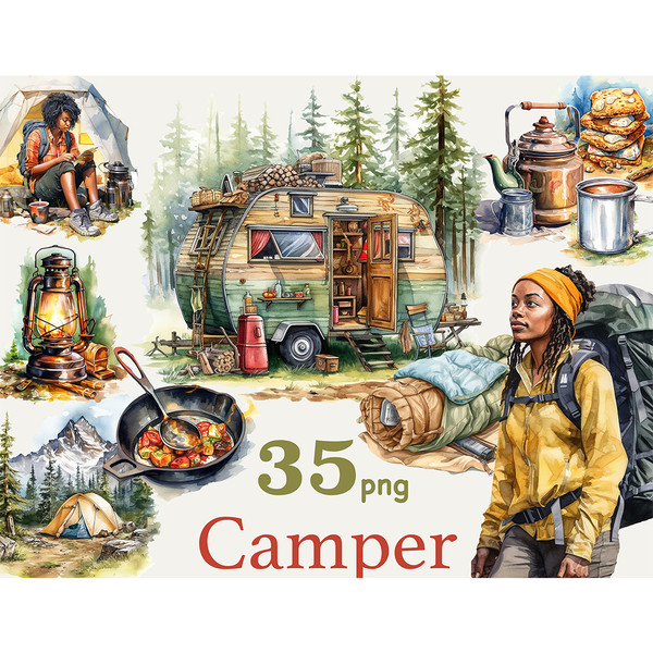 Watercolor illustrations of african american camper girls, tourist in tent, camping trailer, teapot, marshmallow cookies and mug of cocoa, frying pan with break