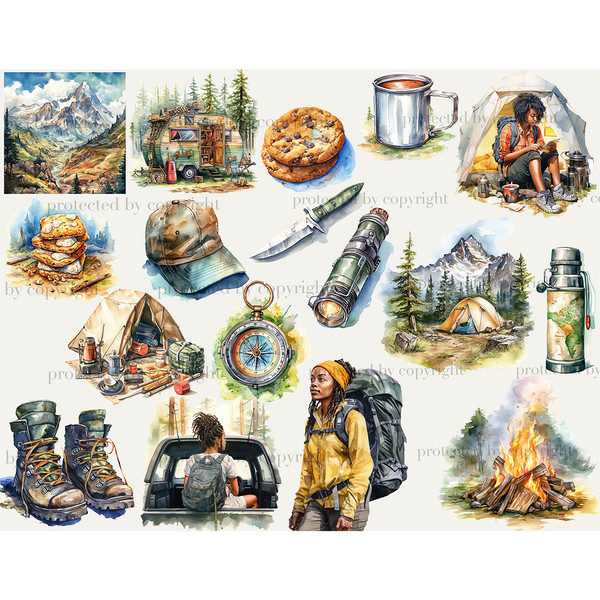 Watercolor illustrations of African American camper girls, tourist in a tent, camping trailer, thermos, flashlight, knife, marshmallow cookies, compass, basebal