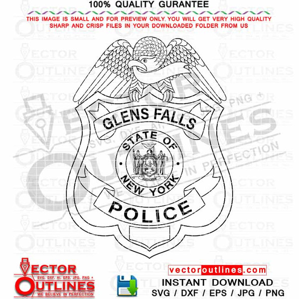 Glens Falls Police New York, Police Badge, Black white, SVG, DXF, Vector File, CNC Router, Cricut, Laser Engraving, Without Badge Number.jpg