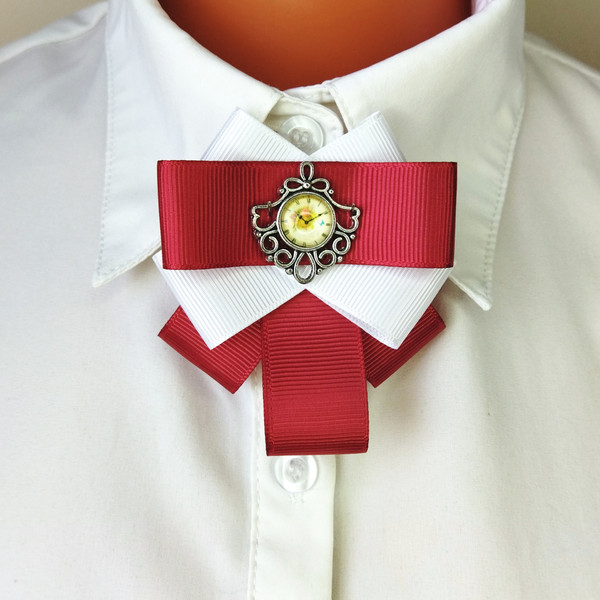 Neck bow for women Red white collar bow brooch Red bow tie p