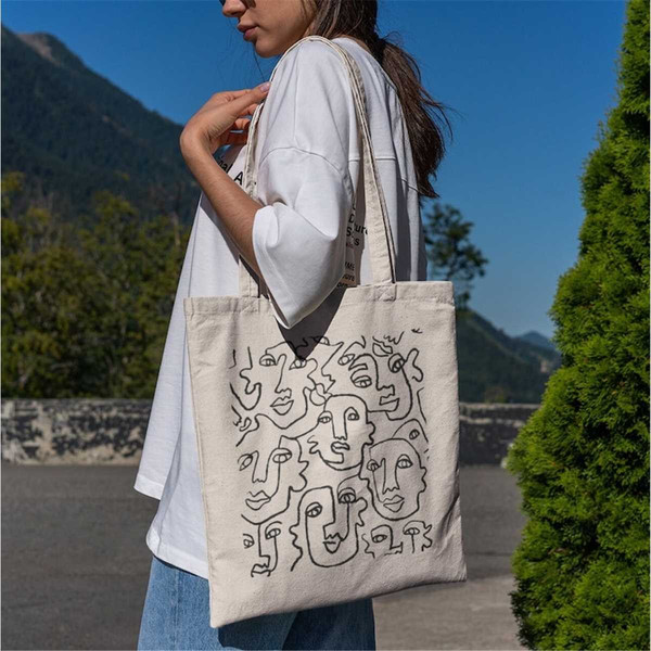 Black Line Art Faces Tote Bag-aesthetic tote bag,artsy tote bag,art tote  bag,aesthetic tote,line art tote bag,line art b