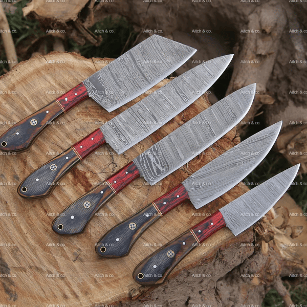 Custom Handmade Damascus steel chef/Kitchen knife set of 5 PCS with Le