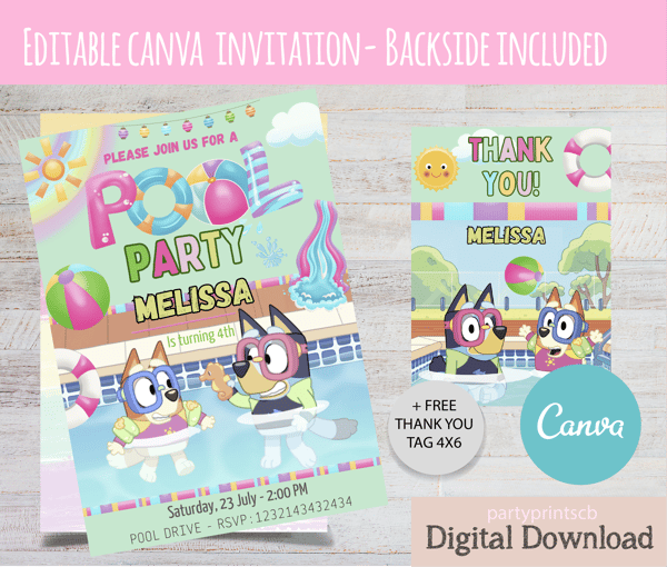 Bluey CANVA Birthday Pool Party Invitation, editable Bluey S - Inspire ...