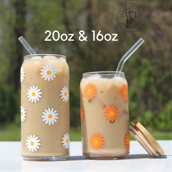 Coffee Cup Iced Coffee Glass Floral Glass Can with Lid Straw - Inspire  Uplift