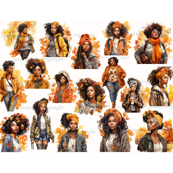 Watercolor portraits of fashionable black girls in autumn foliage. Girls have different hair colors - brunettes, brown hair, body type - thin and curvy plus siz