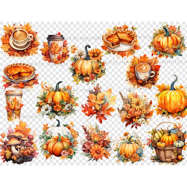 Watercolor autumn white and orange pumpkins, a cup of coffee, a cup of coffee with leaves, autumn maple leaves, flowers, autumn mushrooms, cut pumpkin pie, wick