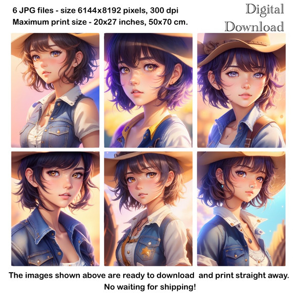 Digital art, set of 6 prints, anime girl, posters, living ro - Inspire ...