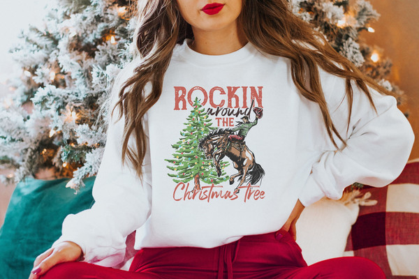 Rocking Around The Christmas Tree Sweatshirt, Women's Christmas Shirts, Retro Christmas Western Shirt,Cowboy Christmas Shirt,Christmas Shirt - 1.jpg