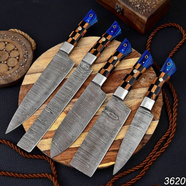 Hand Forged Damascus Steel Professional Chef Knives Set of 8, Kitchen Knife  With Leather Bag Roll, Olive Wood Cooking Knives, Groomsman Gift 