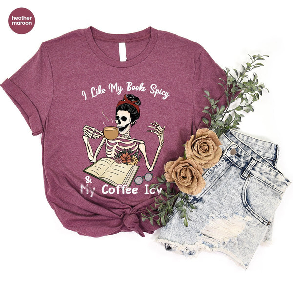 Funny Skeleton Shirt, Coffee Gift, Funny Book Shirt, Coffee Graphic Tees, Librarian Shirt, Book T-Shirt, Skull Vneck Shirt, Gift for Her - 5.jpg