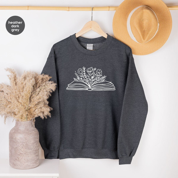 Reading Book Sweatshirt, Minimalist Flower Hoodies, Floral Book Long Sleeve Shirt, Book Flowers Gifts for Bookworm, Librarian Hoodie - 1.jpg