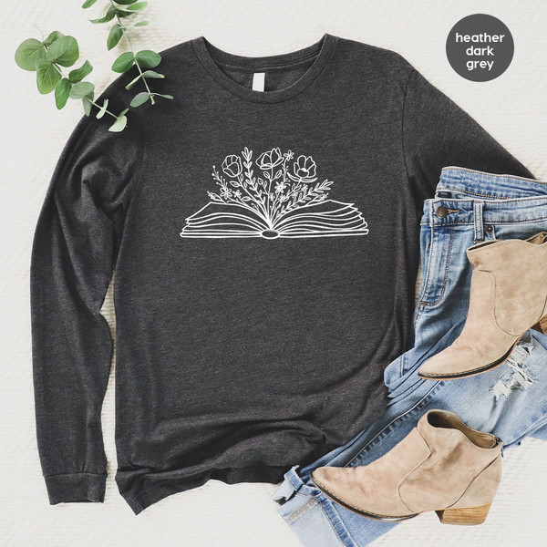 Reading Book Sweatshirt, Minimalist Flower Hoodies, Floral Book Long Sleeve Shirt, Book Flowers Gifts for Bookworm, Librarian Hoodie - 2.jpg