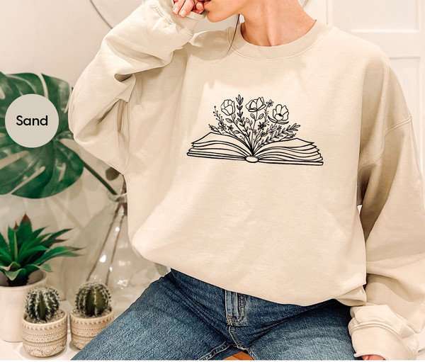 Reading Book Sweatshirt, Minimalist Flower Hoodies, Floral Book Long Sleeve Shirt, Book Flowers Gifts for Bookworm, Librarian Hoodie - 3.jpg