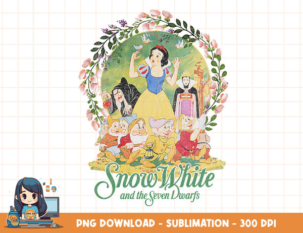 Disney Snow White Group Shot Classic Poster Floral Wreath png, sublimation, digital print.jpg