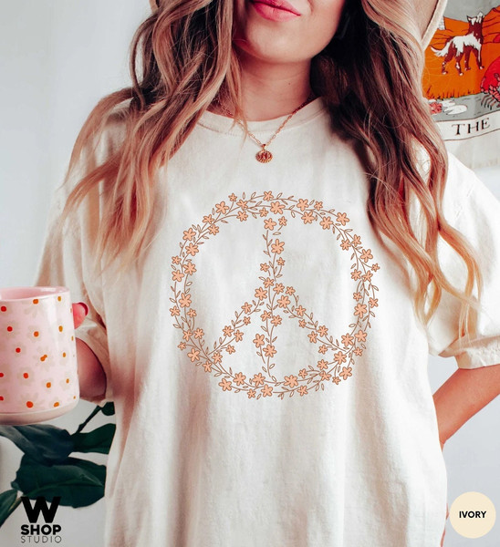 Hippie Peace Sign Shirt, Boho Peace Oversized Tee, Floral Peace Symbol, Wildflowers T-Shirt, Peace Symbol Shirt, Graphic Tees For Women - 1.jpg