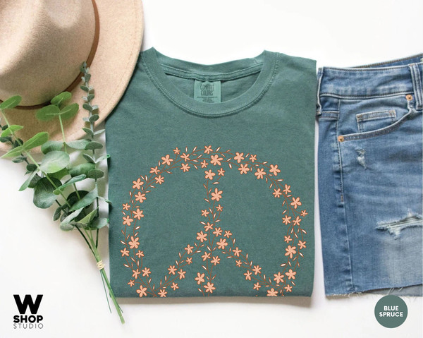 Hippie Peace Sign Shirt, Boho Peace Oversized Tee, Floral Peace Symbol, Wildflowers T-Shirt, Peace Symbol Shirt, Graphic Tees For Women - 5.jpg