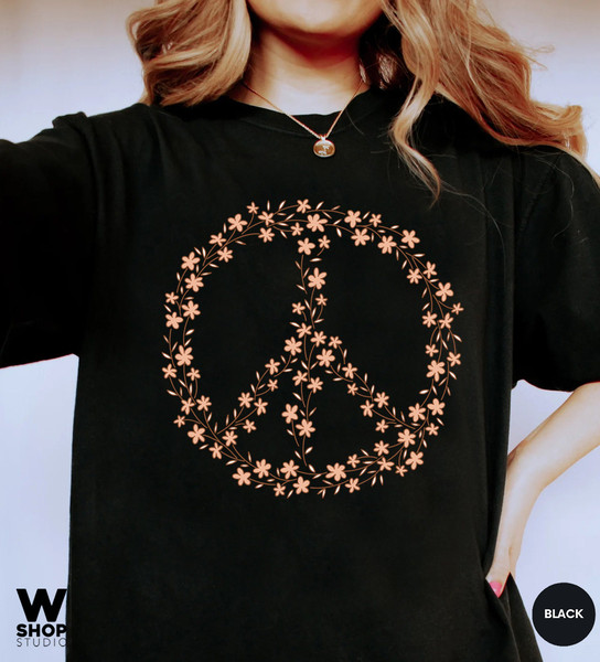 Hippie Peace Sign Shirt, Boho Peace Oversized Tee, Floral Peace Symbol, Wildflowers T-Shirt, Peace Symbol Shirt, Graphic Tees For Women - 6.jpg