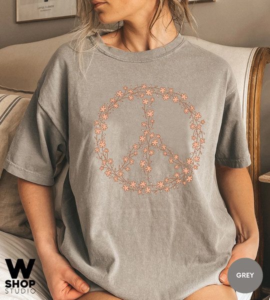 Hippie Peace Sign Shirt, Boho Peace Oversized Tee, Floral Peace Symbol, Wildflowers T-Shirt, Peace Symbol Shirt, Graphic Tees For Women - 7.jpg