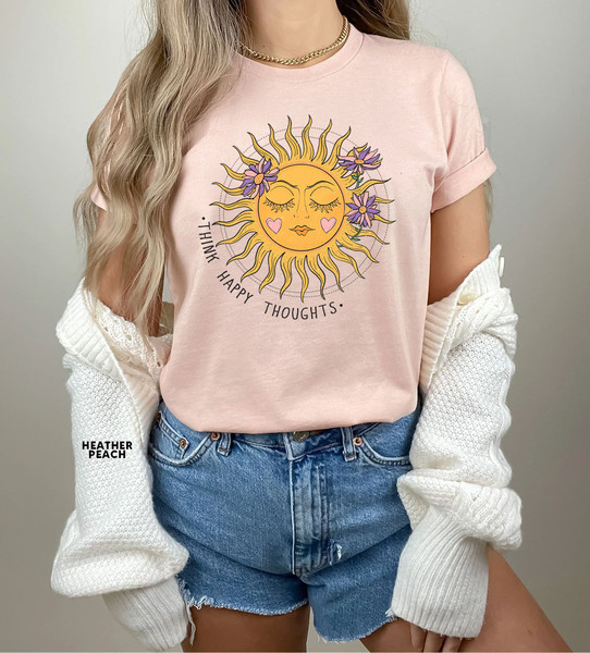 Think Happy Thoughts, Sunflower Tee, Wildflower Tshirt, Wild Flowers Shirt, Floral Tshirt, Gift for Women, Ladies Shirts, Best Friend Gift - 3.jpg