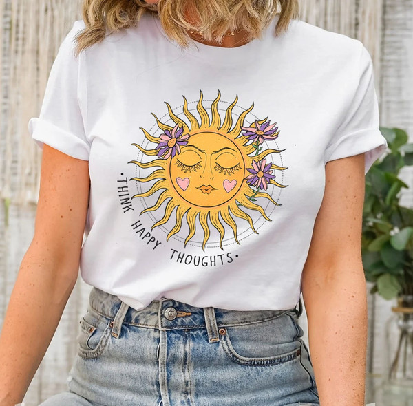 Think Happy Thoughts, Sunflower Tee, Wildflower Tshirt, Wild Flowers Shirt, Floral Tshirt, Gift for Women, Ladies Shirts, Best Friend Gift - 4.jpg
