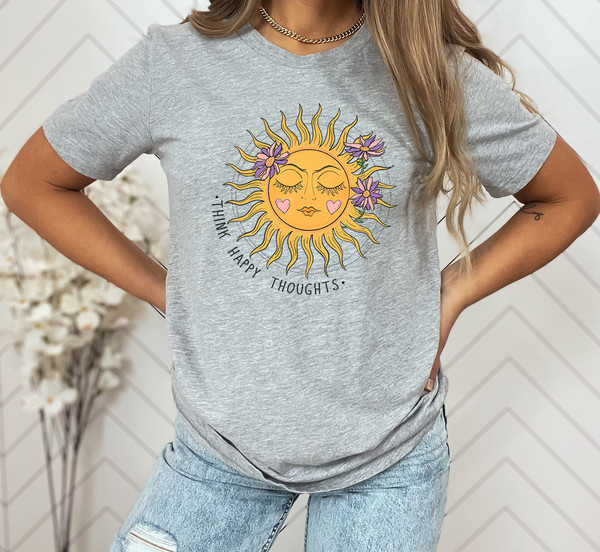 Think Happy Thoughts, Sunflower Tee, Wildflower Tshirt, Wild Flowers Shirt, Floral Tshirt, Gift for Women, Ladies Shirts, Best Friend Gift - 7.jpg