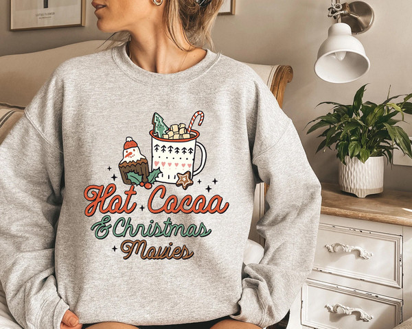 Hot Cocoa And Christmas Movies Sweater, Vintage Christmas Sweatshirt, Women's Cute Santa, Xmas Graphic Pullover, Holiday Ugly Sweater - 3.jpg