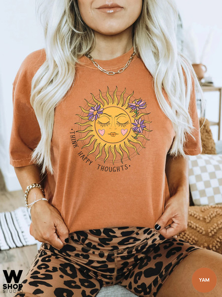 Think Happy Thoughts, Sunflower Tee, Wildflower Tshirt, Oversized Boho Shirt, Floral Tshirt, Gift for Women, Ladies Shirts, Best Friend - 5.jpg