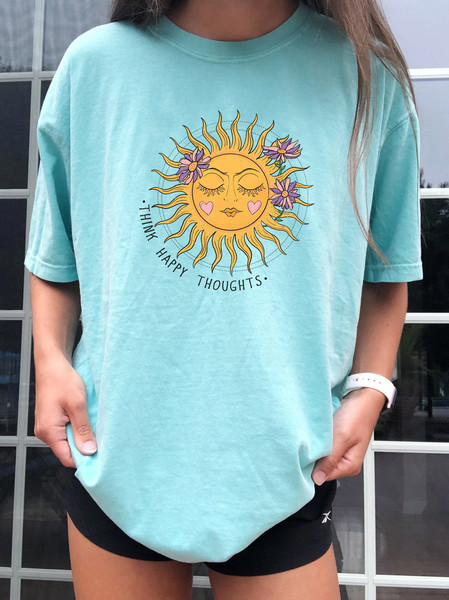 Think Happy Thoughts, Sunflower Tee, Wildflower Tshirt, Oversized Boho Shirt, Floral Tshirt, Gift for Women, Ladies Shirts, Best Friend - 6.jpg