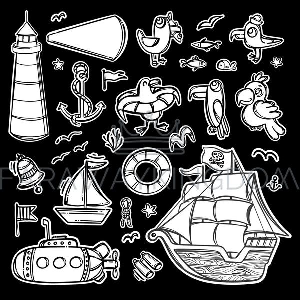 PIRATE STICKERS Nautical Monochrome Travel Label Vector Set - Inspire Uplift