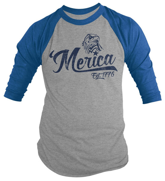 Shirts By Sarah Men's Patriotic 'Merica Est 1776 Eagle Distressed 34 Sleeve Raglan Shirt 4th July Shirt - 3.jpg