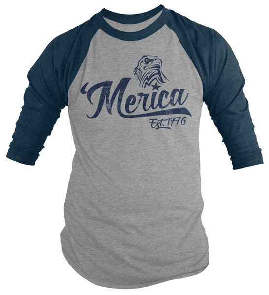 Shirts By Sarah Men's Patriotic 'Merica Est 1776 Eagle Distressed 34 Sleeve Raglan Shirt 4th July Shirt - 5.jpg