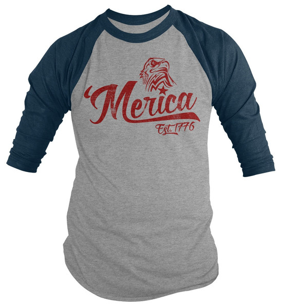 Shirts By Sarah Men's Patriotic 'Merica Est 1776 Eagle Distressed 34 Sleeve Raglan Shirt 4th July Shirt - 8.jpg
