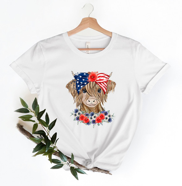 Patriotic Cow Shirt, 4th Of July T-Shirt, Independence Day Shirt, America Flag, Highland Cow Tee, Cow Bandana USA Tees, American Cow T-shirt - 1.jpg