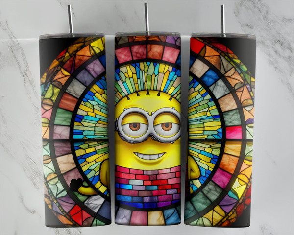 Minion 20oz Sublimation Tumbler Designs, Minions Stained Glass 92 x 83 Straight Skinny Tumbler Wrap PNG, Sublimation Design PNG.jpg