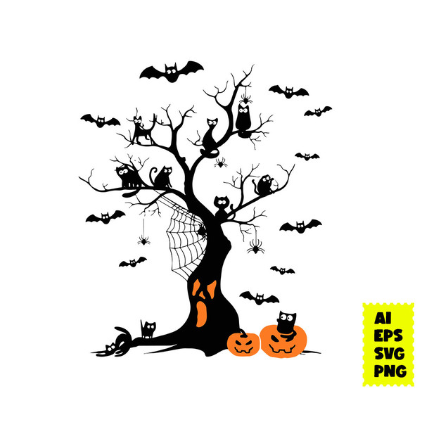 Black Cat Halloween Tree Svg, Black Cat Svg, Cat Svg, Pumpki - Inspire ...